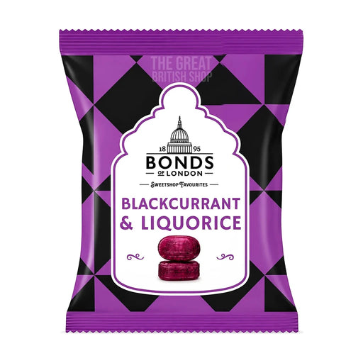 Bonds of London Blackcurrant & Liquorice 120g: front of the purple and black patterned bag.