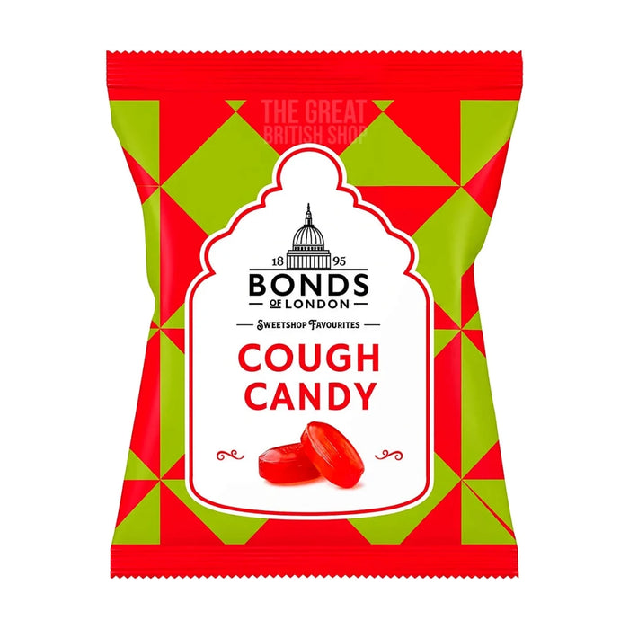 Bonds of London Cough Candy 120g: front of the red and green patterned bag showing two sweets.