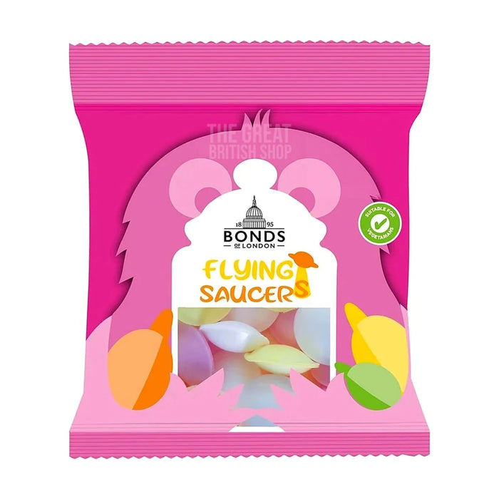 Bonds of London Flying Saucers 12g: pink pack front showing sweets through clear window.
