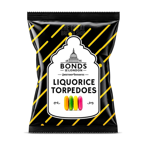Bonds of London Liquorice Torpedoes 120g: front of the black and yellow striped pack.