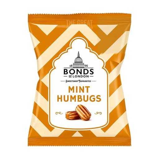 Bonds of London Mint Humbugs 120g: front of the orange striped pack with humbug sweets shown.