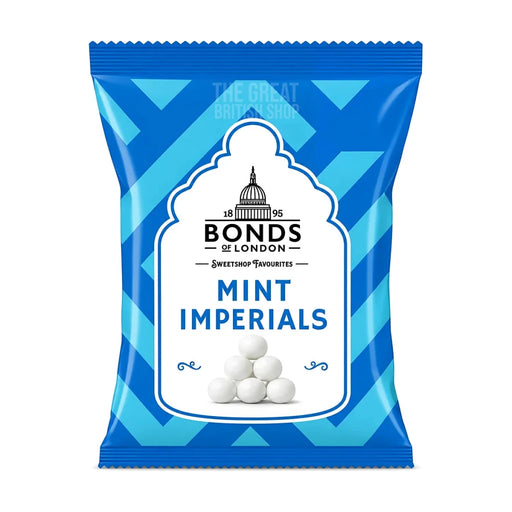 Bonds of London Mint Imperials 105g: front of the blue pack showing round white mints.