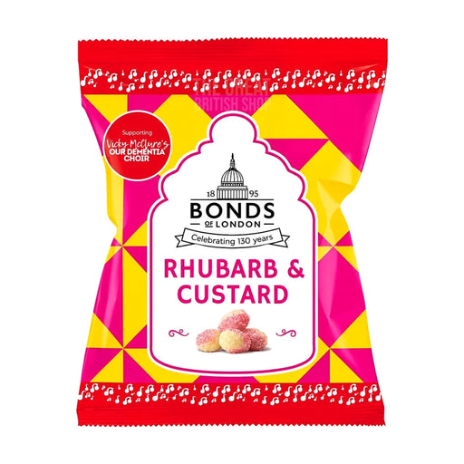 Bonds of London Rhubarb & Custard 130g: front of the pack with pink and yellow geometric design.