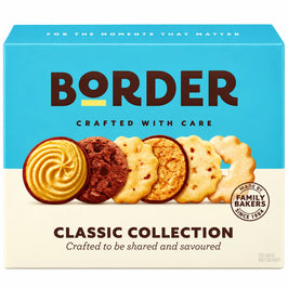 Border Classic Collection 400g biscuit gift box, with turquoise and cream panels and six assorted biscuits pictured.
