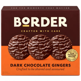 Border Dark Chocolate Gingers 255g gift box, with brown and orange panels and three chocolate-coated biscuits pictured.
