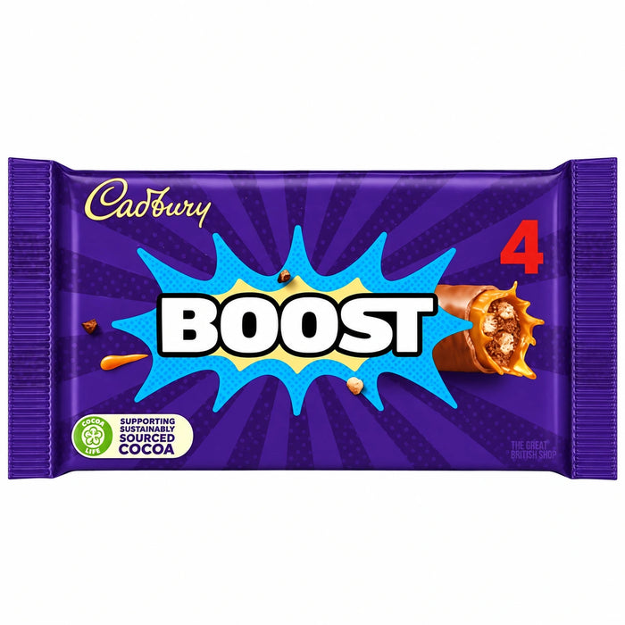 Cadbury Boost four-pack 126g, purple wrapper with blue burst artwork and a chocolate-bar cross-section.