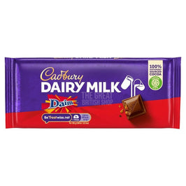 Cadbury Dairy Milk Daim 120g, front of the purple and red wrapper showing a chocolate chunk.