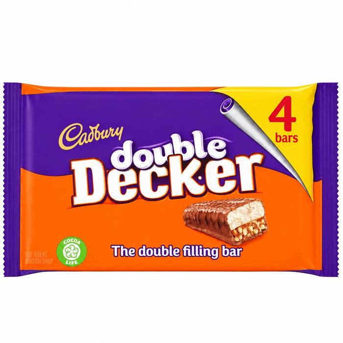 Cadbury Double Decker four-pack, purple and orange wrapper showing a chocolate-bar cross-section.