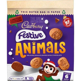 Cadbury Festive Animals 6 Pack: front of the paper bag showing biscuits and animal shapes printed on pack.