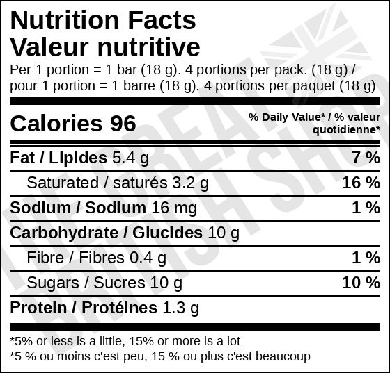Cadbury Freddo - 4 Pack nutrition facts label / valeur nutritive
