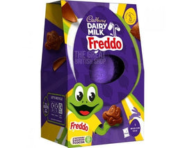 Cadbury Freddo Faces Medium Egg 122g: front of the box showing the purple egg through the window.