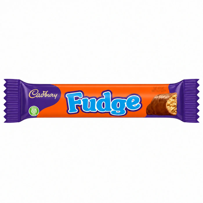 Cadbury Fudge 22g, orange and purple wrapper with a chocolate fudge-bar illustration.