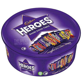 Cadbury Heroes Tub 600g: purple round tub showing assorted chocolate bars on the lid.