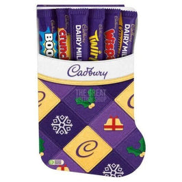 Cadbury Stocking Selection Box 174g: purple stocking-shaped pack with chocolate bars tucked inside the top.
