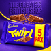 Cadbury Twirl five-pack with a single layered chocolate finger shown breaking into two halves, against a violet set embossed with The Great British Shop.