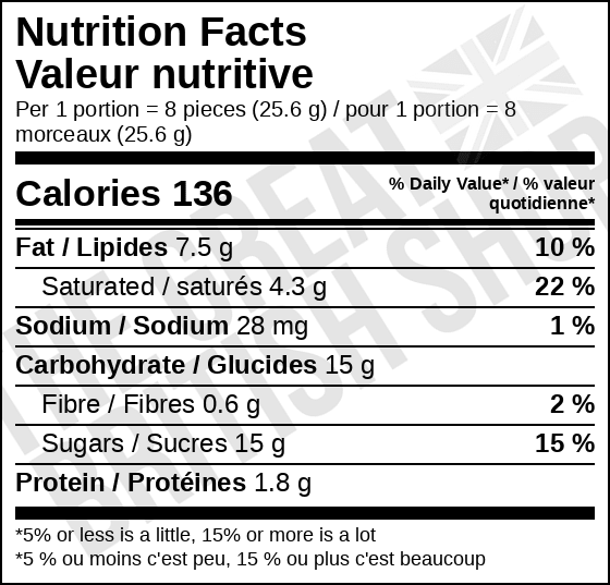 Cadbury Twirl Bites - 100g nutrition facts label / valeur nutritive
