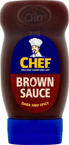 Chef Brown Sauce 385g: front of the squeezable bottle with blue cap and chef logo label.