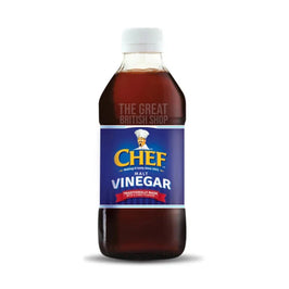 Chef Malt Vinegar 284ml: plastic bottle with white cap and blue label showing chef logo.