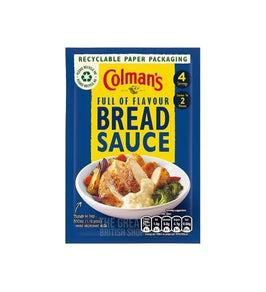 Colman's Bread Sauce Mix 40g, yellow and blue sachet with a roast-dinner illustration.