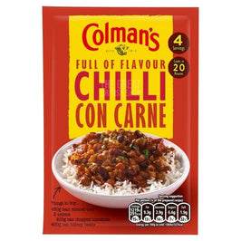 Colman's Chilli Con Carne Mix 50g: front of the packet showing a bowl of chilli con carne with rice.
