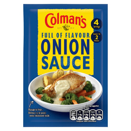 Colman’s Onion Sauce Mix sachet, with a blue and yellow front and a serving suggestion of meat, vegetables and onion sauce.