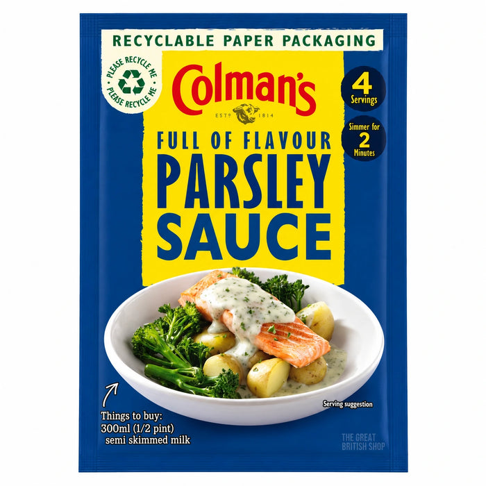 Colman's Parsley Sauce Mix- 20g, front view of the original product packaging.