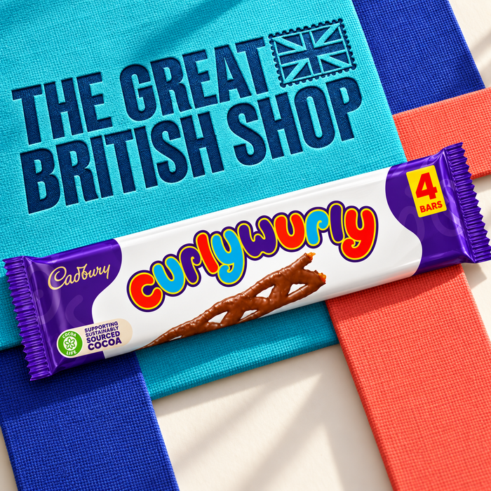 Cadbury Curly Wurly four-pack on interlaced turquoise, cobalt and coral canvas with The Great British Shop branding pressed into the main turquoise band.