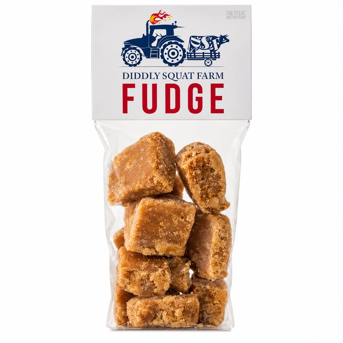 Diddly Squat Farm Fudge 150g, clear bag of fudge pieces with a white tractor-illustrated header.