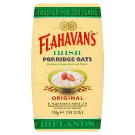 Flahavan's Irish Porridge Oats 500g, front of the pack showing a bowl with sliced strawberries.
