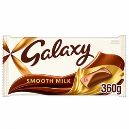 Galaxy Smooth Milk Chocolate Block 360g, front of the wrapped bar pack.