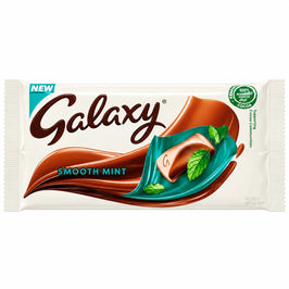 Galaxy Smooth Mint chocolate 110g, cream wrapper with mint leaves and green foil artwork.