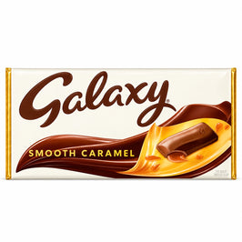 Galaxy Smooth Caramel 135g chocolate bar, in a cream and gold wrapper with a caramel-filled chocolate piece pictured.
