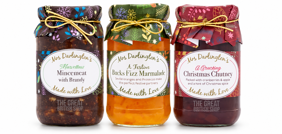 Mrs Darlington's Marvellous Mincemeat With Brandy - 410g; Mrs Darlington's Festive Bucks Fizz Marmalade - 340g; Mrs Darlington's Cracking Christmas Chutney - 312g