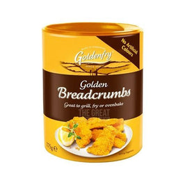 Goldenfry Golden Breadcrumbs 175g, front of the tub with breaded chicken and lemon on a plate.