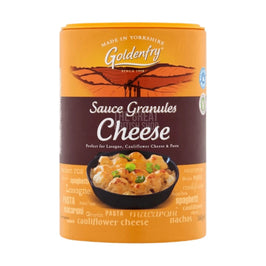 Goldenfry Cheese Sauce Granules 160g, front of the tub showing cauliflower cheese dish image