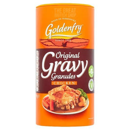 Goldenfry Chicken Gravy 300g, front of the orange tub showing a plated meal photo.