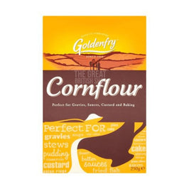 Goldenfry Cornflour 250g: front of the box showing brand name and pouring graphic design.
