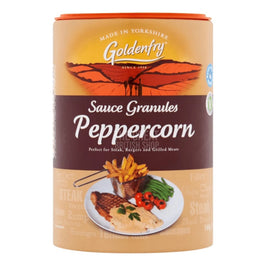 Goldenfry Peppercorn Sauce Granules 160g, front of the tub with orange lid.