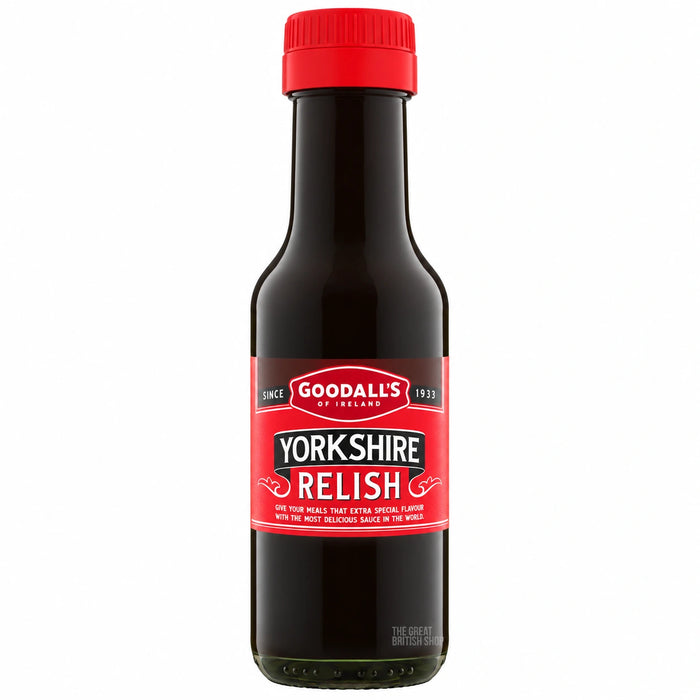 Goodall’s Yorkshire Relish 125ml dark glass bottle, with a red screw cap and red Yorkshire Relish label.