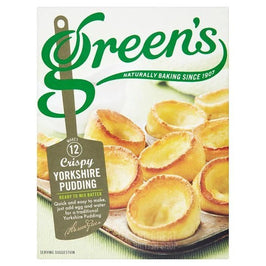 Green's Crispy Yorkshire Pudding Mix 125g, front of the box showing baked puddings.