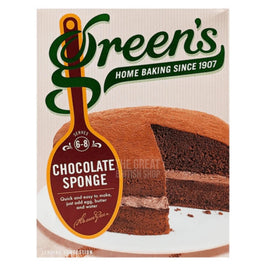 Green's Chocolate Sponge Mix 221g: front of the box showing a sliced chocolate cake on a plate.