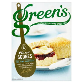 Green's Classic Scone Mix 280g: front of the box showing scones with jam and cream on a plate.