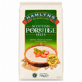Hamlyns Scottish Porridge Oats 750g paper bag, with a green label and a bowl of porridge pictured.