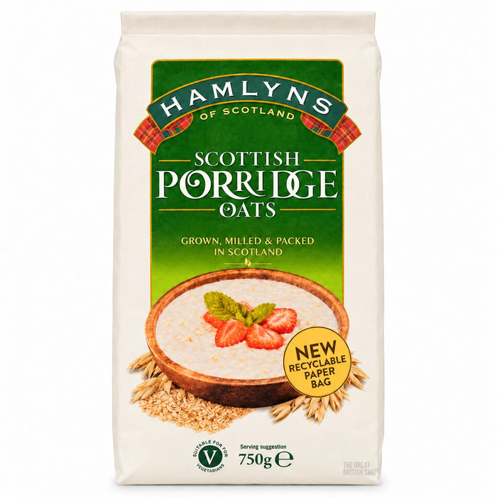 Hamlyns Scottish Porridge Oats 750g paper bag, with a green label and a bowl of porridge pictured.