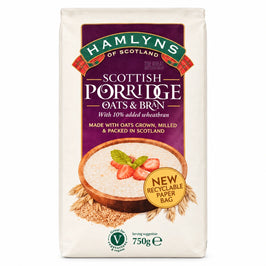 Hamlyns Scottish Porridge Oats and Bran - 750g, front view of the product packaging