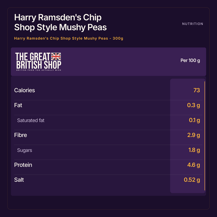 Harry Ramsden's Chip Shop Style Mushy Peas - 300g nutrition summary: Per 100 g. The Great British Shop.