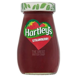 Hartley's Strawberry Jam 340g: the glass jar with white leaf-print lid and heart-shaped label.