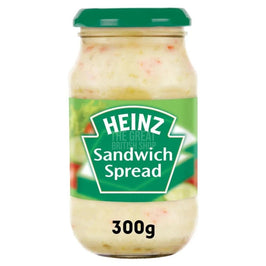 Heinz Sandwich Spread 300g, glass jar with green lid and green label showing the spread inside.