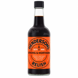 Henderson’s Relish 284ml, front view of the bottle packaging