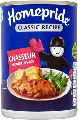 Homepride Chasseur Cooking Sauce 400g: the tin showing the Homepride man and a plated meal.